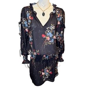 PARKER Plum Blossom Floral Mini Dress Black Smocked Waist V-Neck M